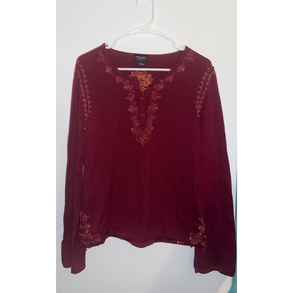 American Eagle Embroidered Boho Henley Sweater Burgundy Orange Size XL Y2K Vtg